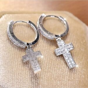 Silver Cross Rhinestone Dangle Earrings